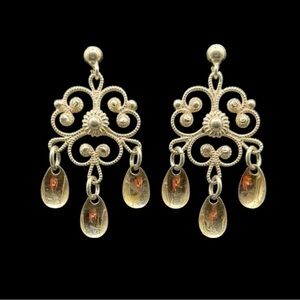 Vintage Sterling Silver tested Filigree Dangle Earrings with Teardrop Charms 1”